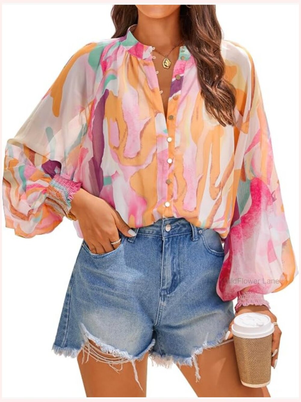 Floral Print Blouse - Long Sleeve Button Down Boho Oversized Top